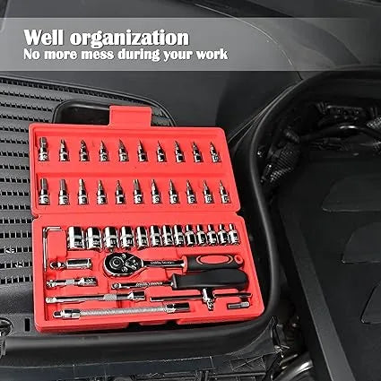 46 PCS Metric Socket Wrench & Bit Set β 1/4" Drive Ratchet Tool Kit with Extension Bar for Car, Bike, and Home Repairs β Durable Storage Case Included