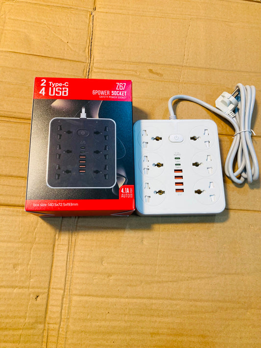 Z67 6-Outlet Safety Power Extension Board with Built-In USB Charger