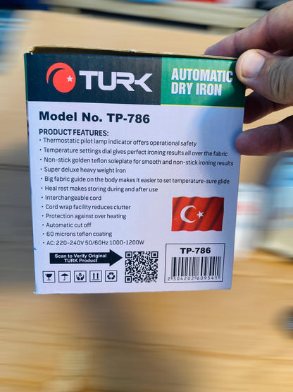 TURK 1000W Heavyweight Automatic Dry Iron with 60 Microns Nano Ceramic Coating TP-786