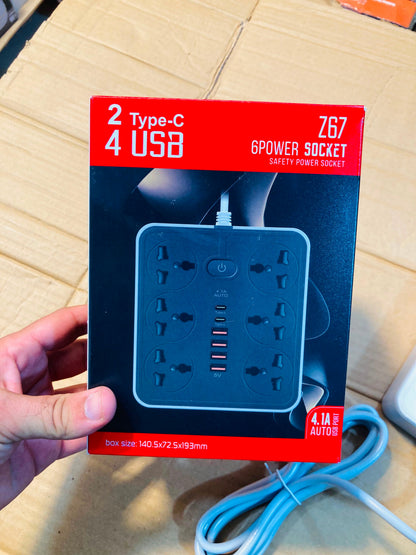 Z67 6-Outlet Safety Power Extension Board with Built-In USB Charger
